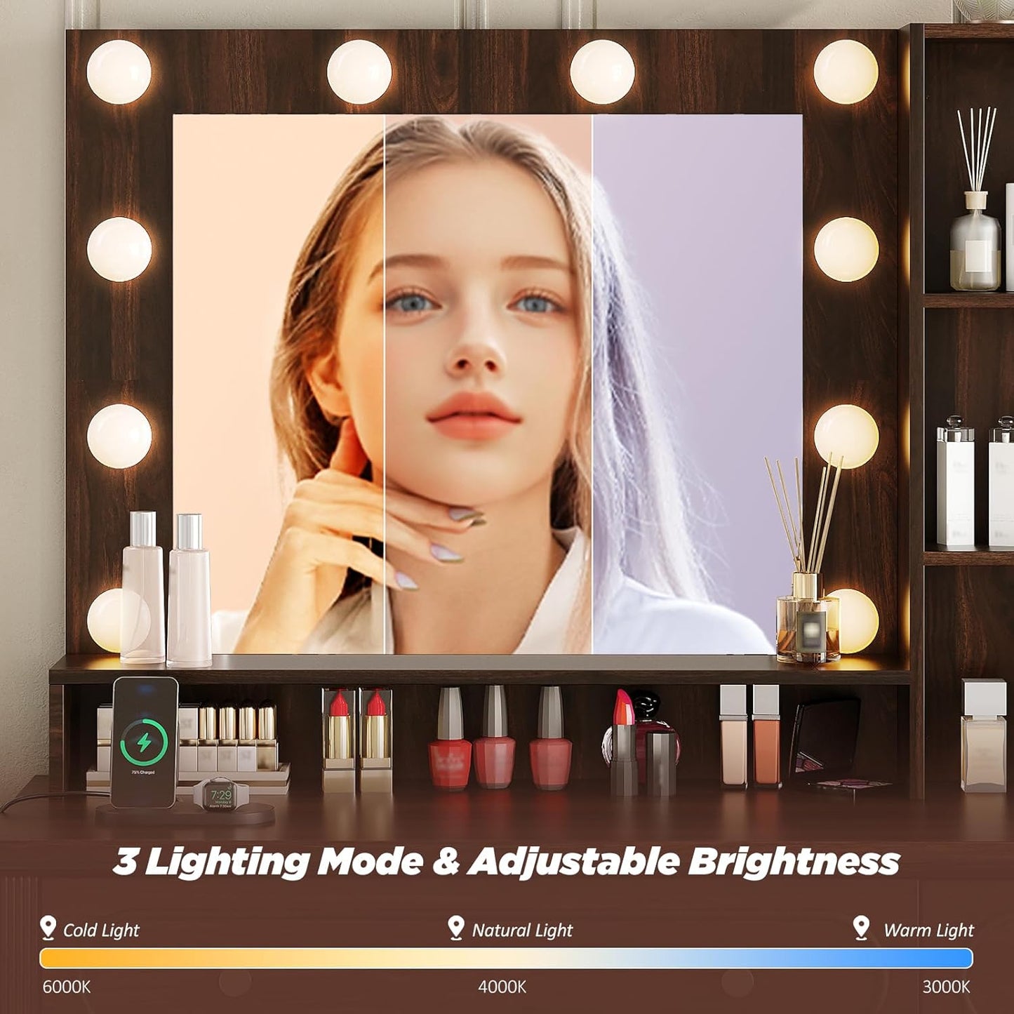 42" W Walnut Makeup Vanity Desk with Mirror and Lights and Charging Station, Dark Brown Wood Vanity with Open Storage and Drawers and Stool Chair, Dressing Table Make up Desk for Bedroom