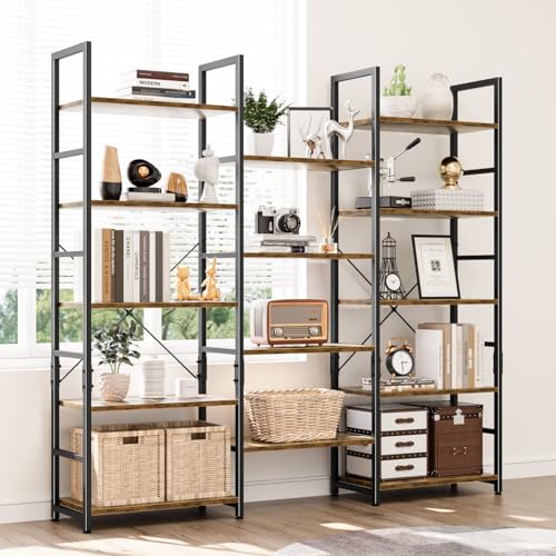 Triple Wide 5 Tier Bookshelf, Rustic Industrial Style Bookcases with 14 Open Display Shelves, Modern Tall Bookcase Furniture for Bedroom, Living Room and Home Office, Vintage