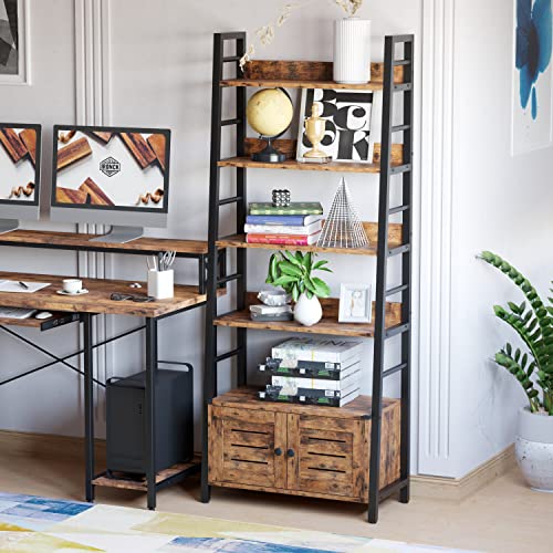 4 Tier Ladder Bookcase with Louvered Doors Rustic Brown | Bookshelf; Ladder Shelf;bottom cabinet; anti tip kit; for Bedroom Living Room Home Office
