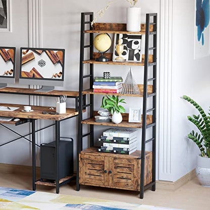 4 Tier Ladder Bookcase with Louvered Doors Rustic Brown | Bookshelf; Ladder Shelf;bottom cabinet; anti tip kit; for Bedroom Living Room Home Office