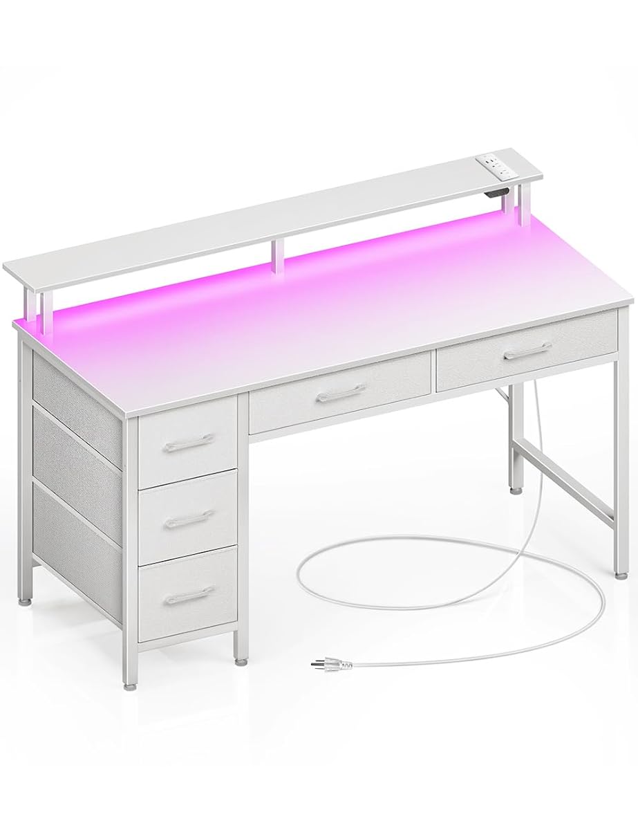 Computer Desk with Power Outlets & LED Light, 55 inch Home Office Desk with 5 Drawers, Writing Desk with Monitor Stand, Work Desk for Home Office, White