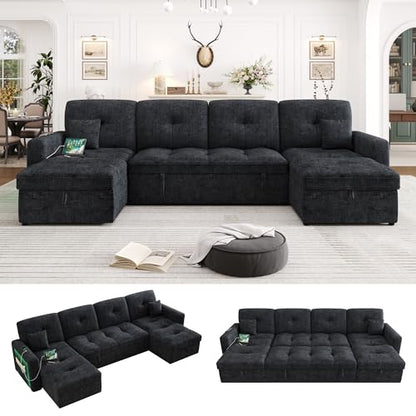 107'' LED Sectional Sleeper Sofa with Pull Out Couch Bed, U Shaped Couch with Storage Chaise, Adjustable Backrest & USB & 2 Pillows, Modern Chenille Home Sofa Living Room Furniture Set, Black