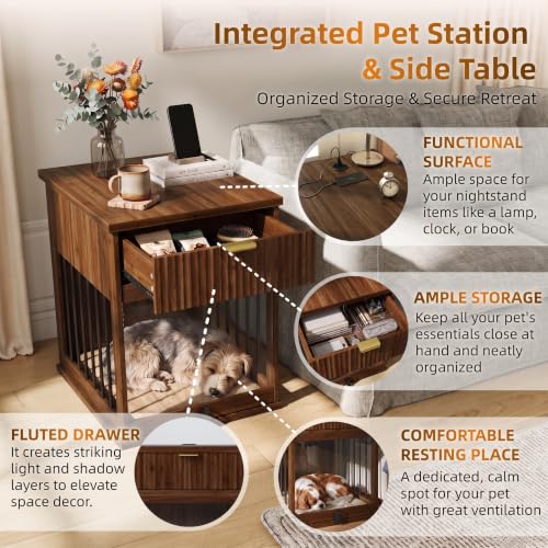 Wooden Dog Crate Furniture End Table with Drawer for Small Dogs (Brown), view 6
