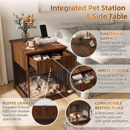 Wooden Dog Crate Furniture End Table with Drawer for Small Dogs (Brown), view 6