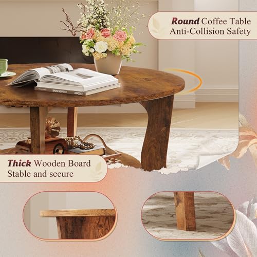 Round Coffee Table, 2-Tier Small Coffee Table with Storage Shelf, Circle Wood Center Table for Living Room, Apartment, Easy Assembly, Rustic Brown