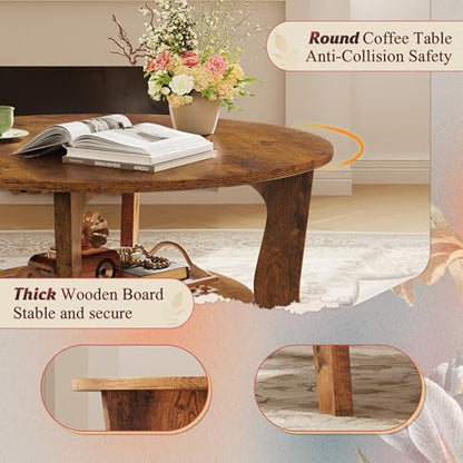 Round Coffee Table, 2-Tier Small Coffee Table with Storage Shelf, Circle Wood Center Table for Living Room, Apartment, Easy Assembly, Rustic Brown