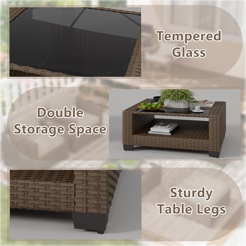 7 Piece Outdoor Patio Furniture Set, Rattan Chairs Glass Table Wicker Conversation Seating Sectional Sofa with Cushions (Brown-Beige, 7Pcs-2 Layer Coffee Table)