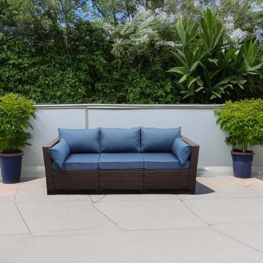 3-Seat Patio Wicker Sofa, Outdoor Rattan Couch Furniture Steel Frame with Furniture Cover and Deep Seat High Back, Blue Anti-Slip Cushion.