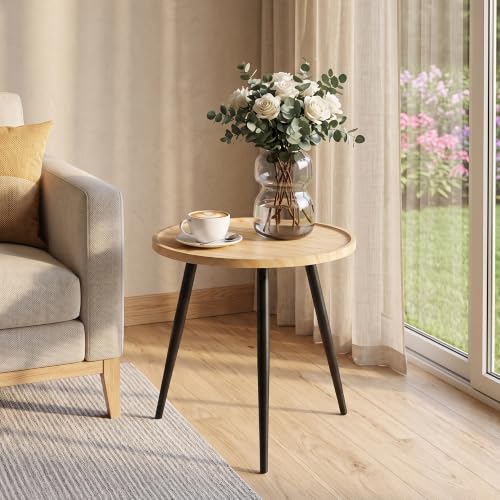 Modern Side Table, Round Small End Table, Exclusively Designed Hand-Crafted Small Nightstand, Solid Wood,Natural top with Black Metal Legsfor Bedrooms, Living Rooms and Home Office