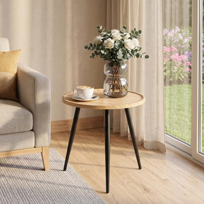 Modern Side Table, Round Small End Table, Exclusively Designed Hand-Crafted Small Nightstand, Solid Wood,Natural top with Black Metal Legsfor Bedrooms, Living Rooms and Home Office