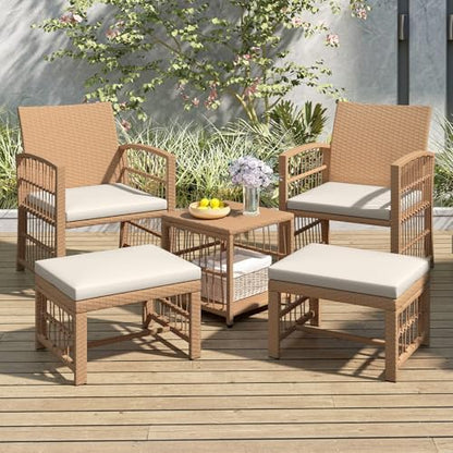 5 Pieces Patio Wicker Conversation Set, Outdoor Furniture Set with 2 Armchairs, 2 Ottomans & 2-Tier Side Table, Outside Rattan Cushioned Sofa Set for Deck, Backyard, Porch or Poolside