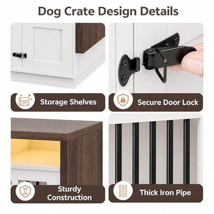 Furniture Dog Crate, 71" Double Dog Crate Furniture Brown & White, view 5
