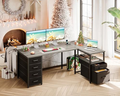 55 Inch L Shaped Office Desk with 6 Drawers, Power Outlet, Grey, view 5