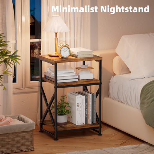 Side Table, End Table with 3 Tiers Open Shelves, Bedside Table for Sofa Couch, Nightstand, Living Room, Bedroom, Rustic Brown