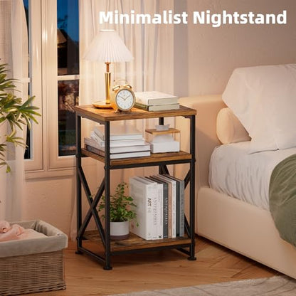 Side Table, End Table with 3 Tiers Open Shelves, Bedside Table for Sofa Couch, Nightstand, Living Room, Bedroom, Rustic Brown