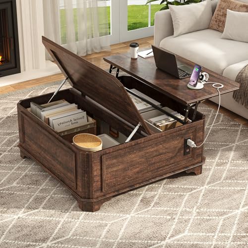 40 Inch Coffee Tables for Living Room Farmhouse Lift Top with Charging Station and Hidden Storage - Square Center Table with Adjustable Lifting Top and Large Storage for Bedroom, Home Office, Brown