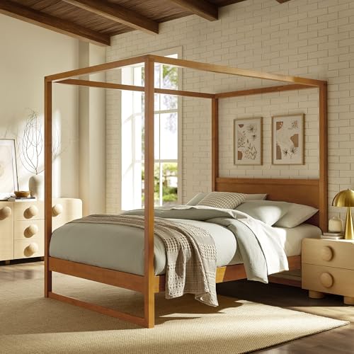 Alva Queen Size 4-Post Wood Platform Canopy Bed in Oak – with with Headboard, view 2