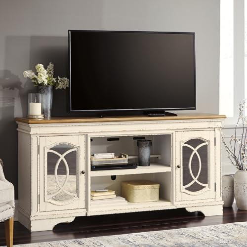 Signature Design by Ashley Realyn 74" Farmhouse TV Stand with Fireplace Option, White Entertainment Center for TVs up to 85", Antiqued Chipped White, Wood, Veneer and Engineered Wood