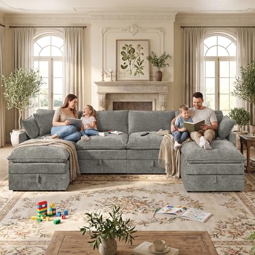 Modular Sectional Sofa with Storage Ottomans,134" U-Shaped Cloud Couch,Comfy Modern Couches with Pillows & Upholstered Deep Seat Cushion for Apartment Living Room Bedroom（Gray）