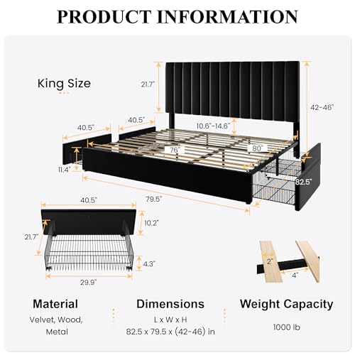 King Size Platform Bed Frame with 4 Oversized Storage Drawers, view 3