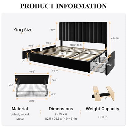 King Size Platform Bed Frame with 4 Oversized Storage Drawers, view 3