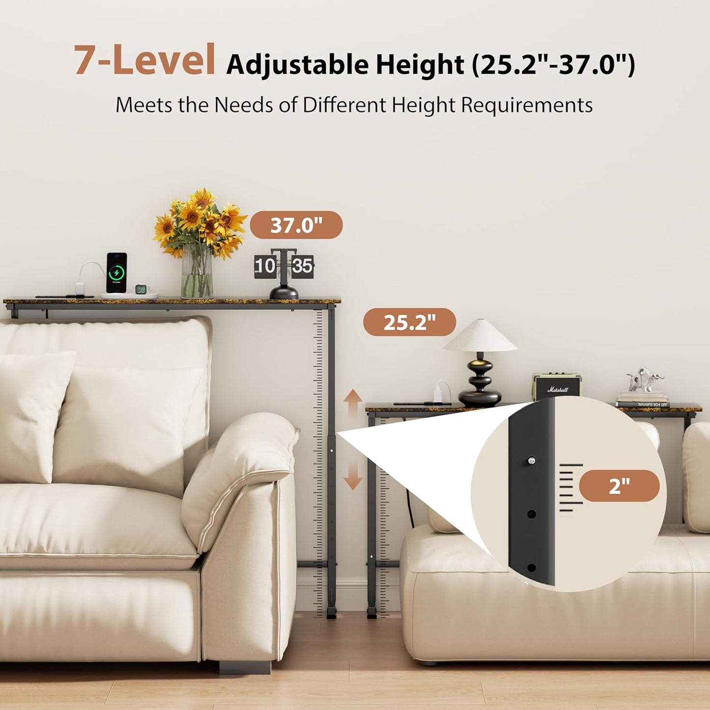 2 Pack Adjustable Height Narrow Console Table with Power Outlets, 78.7" Long Sofa Table with Charging Station behind Couch Table Entryway Table for Living Room and Hallway – Rustic Brown