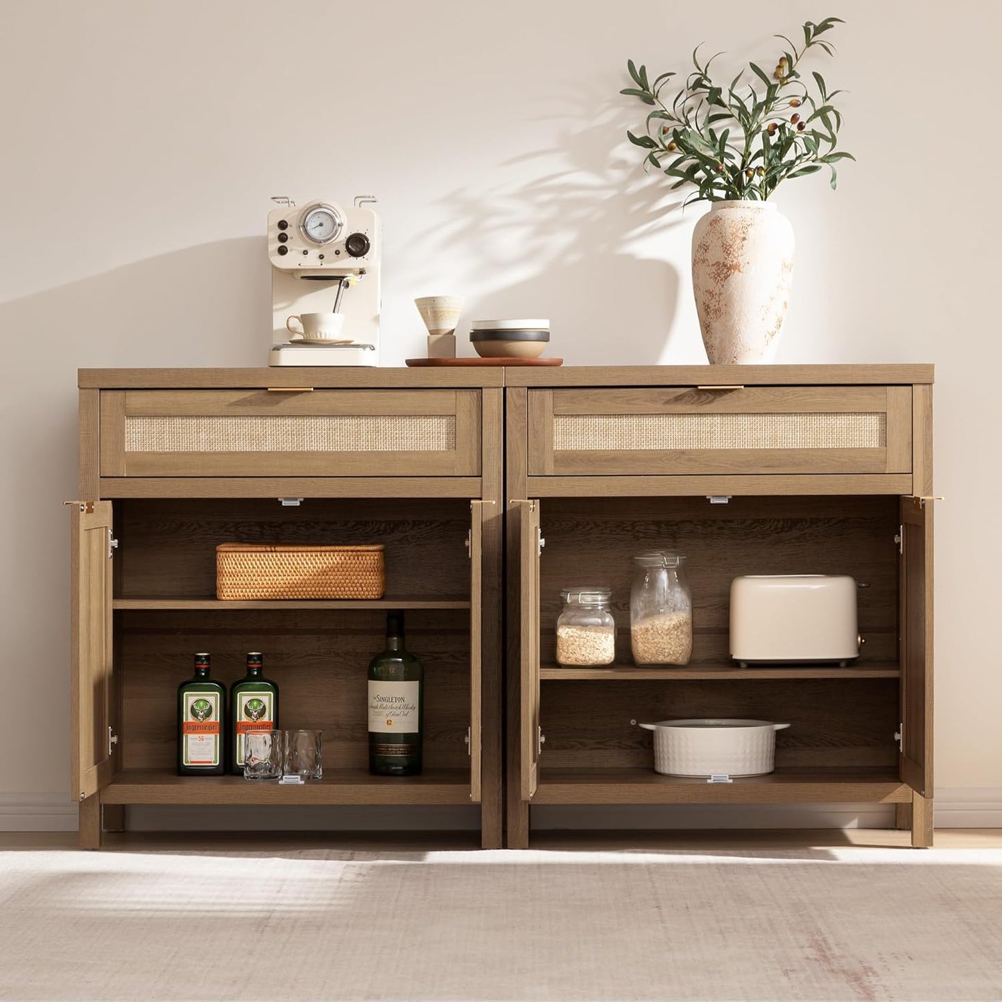 Buffet Cabinet Sideboard with Storage, Rattan Accent Cabinet with Doors Drawer, Boho Credenzas Farmhouse Buffet Table Console Coffee Bar Cabinets for Entryway Living Room, Natural Oak