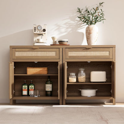 Buffet Cabinet Sideboard with Storage, Rattan Accent Cabinet with Doors Drawer, Boho Credenzas Farmhouse Buffet Table Console Coffee Bar Cabinets for Entryway Living Room, Natural Oak