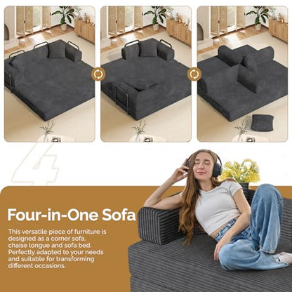 Convertible Coarser Corduroy Sleeper Sofa Bed with Cylindrical Pillow, Folding Mattress Couch with Fixed-Shape Frame, Floor Sofa Lounge Couch for Living Room Bedroom Lounge Studio, Dark Grey