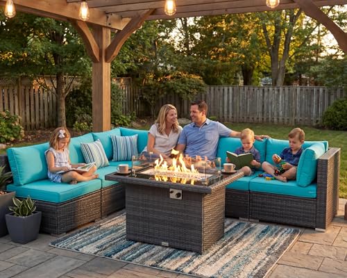 7 Piece Large Modern Patio Furniture Set with Propane/Gas Firepit Table, 29.3'' High Back Comfy Wicker Sectional Sofa Couches with Fire Pit, Outdoor Deep Conversation, Fade-Proof, Turquoise