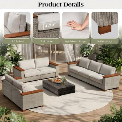 6-Piece Wicker Patio Furniture Set with Solid Wood Armrest, Outdoor Patio Set with Thick Legs, UV-Resistant Modular Outdoor Sectional Sofa for Backyard, Porch, Garden