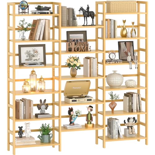 Bamboo Bookshelf, 71” Tall Triple Wide Bookcase with 17 Open Storage Shelves, 6-Tier Etagere with Back Rails, Large Display Shelf for Books, Plants, Home Office, Living Room, Max Load 748LBS