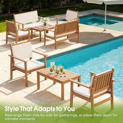 8 Piece Outdoor Furniture Set, Outdoor Table and Chairs with Comfy Cushions, Acacia Wood Patio Furniture for Porch, Patio, Garden, Poolside