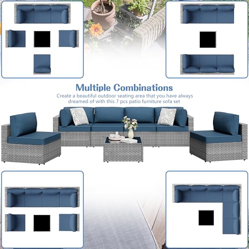 7 Piece Outdoor Patio Furniture Set,Silver PE Rattan Wicker Sectional Sofa, All Weather Conversation Set with Washable Cushions & Glass Coffee Table for Backyard Poolside Garden Porch,Navy Blue