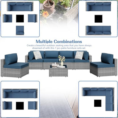 7 Piece Outdoor Patio Furniture Set,Silver PE Rattan Wicker Sectional Sofa, All Weather Conversation Set with Washable Cushions & Glass Coffee Table for Backyard Poolside Garden Porch,Navy Blue