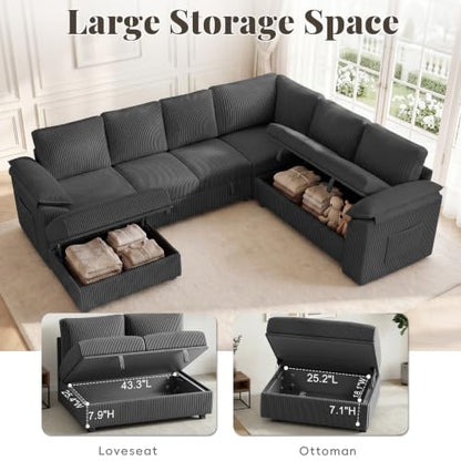 108 Inch Sectional Sleeper Sofa Bed with Pull Out Couch, U Shaped 7 Seat Cloud Modular Sectional Sofa with Storage, Corduroy Sectional Couches for Living Room, Removable Sofa Cover, Dark Grey