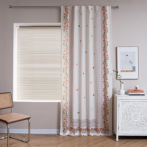 Boho Floral Curtains for Living Room 2 Panels Linen Semi Sheer Flower Curtains & Drapes 84 Inches Length Farmhouse Room Decor Style Back Tab for Dining Room, Yellow, 50" x 84"