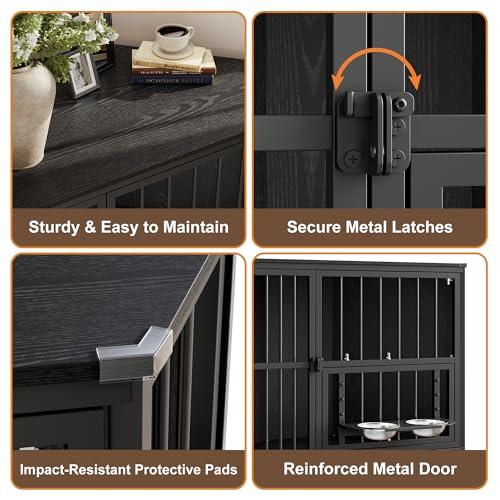 42.5" Corner Dog Crate Furniture with Feeding Bowl, Black, view 7