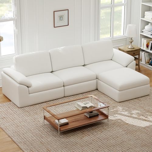 118" Sectional Boneless Couch for Living Room, Modern L Shaped Sofa with Ottoman, Comfy Cloud Modular Sectional Sofa with Deep Seat, No Assembly Required, White