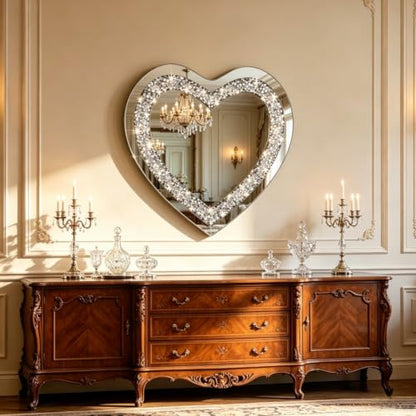 Crystal Crush Diamond Heart Shaped Silver Mirror for Wall Decoration 24x24x1 inch Wall Hang Frameless Mirror Acrylic Diamond Décor.