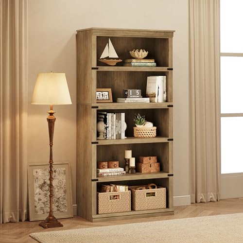 5 Tier Bookcase, Farmhouse Book Shelf with Storage Open Display Bookshelves, 67.4" Tall Book Case Wooden 5 Shelf Bookcase Home Decor Furniture for Home Office, Living Room, Bed Room - Grey