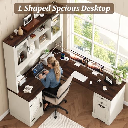 68.9'' Farmhouse L Shaped Desk with Hutch and Drawers, view 5