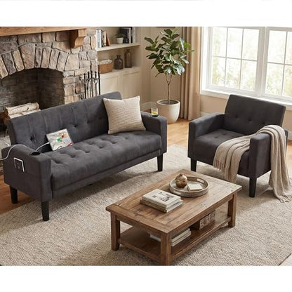 Sofa Couch, Living Room Furniture Sectional Sofa Sets 2 Pcs, Tufted Mid-Century Loveseat w/USB, Cupholders & Comfy Single Sofa for Small Space, Apartment, Office (Dark Grey)