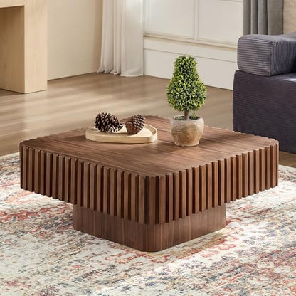 35.43" Square Coffee Table with Sturdy Base, Modern Luxury Wood Drum Center Table Accent End Side Table for Living Room, Minimalist Fluted Design, Walnut