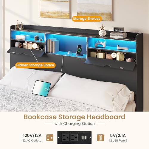 King Bed Frame with Storage Headboard and 4 Underneath Drawers, view 4