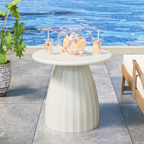 Round Small Patio Side Table, Patio Furniture Accent End Table, Metal Steel Outdoor Side Table, for Garden, Pool, Yard, Balcony, Living Room, Deck, Weather Resistant, No Assembly, Beige White