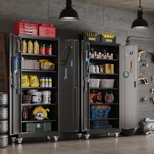 71" Metal Garage Storage Cabinet with Wheels,Pegboard,Lock,5 Shelves, view 4