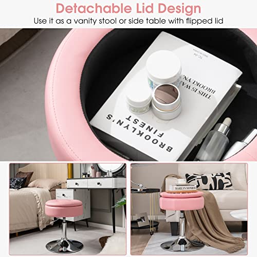 Vanity Stool with Storage, 360° Swivel PU Leather Vanity Chair, 20” to 26” Height Adjustable Makeup Stool with Flipped Lid, Modern Round Storage Ottoman for Living Room Bedroom, Pink