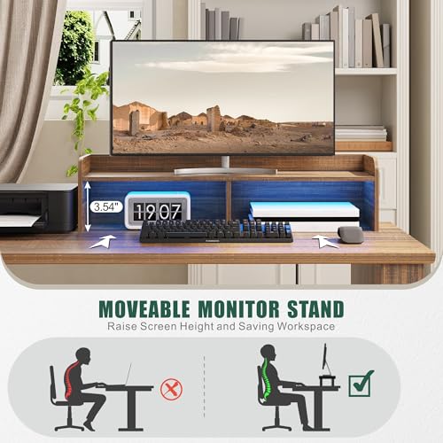 Executive L Shaped Desk with Monitor Stand, 59 inch Farmhouse Corner Computer Desk with Power Outlets & LED Lights, Home Office Desk with File Cabinet for Working Gaming Writing, Dark Walnut