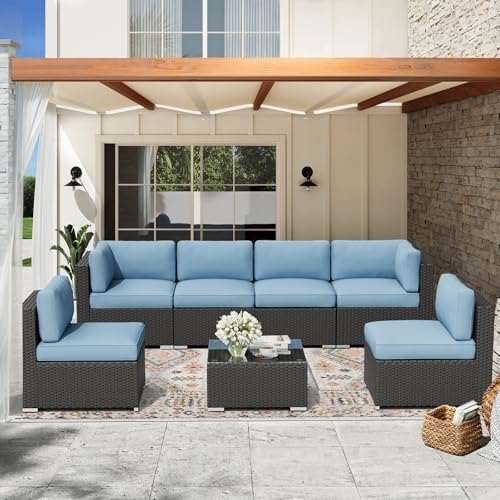 7-Piece Outdoor Patio Furniture Black Rattan Wicker Sectional Sofa Conversation, view 2
